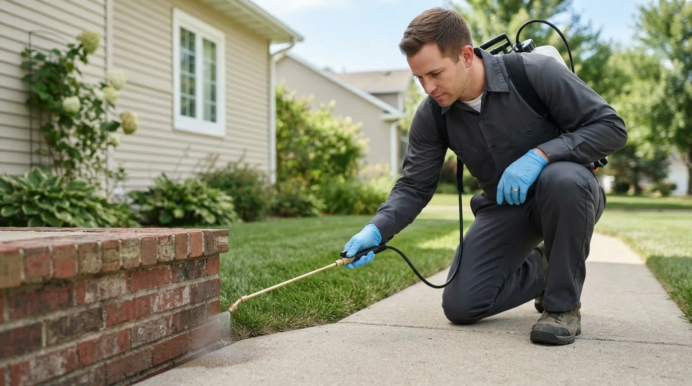 Pest control technician treating a home near Summitville, IN
