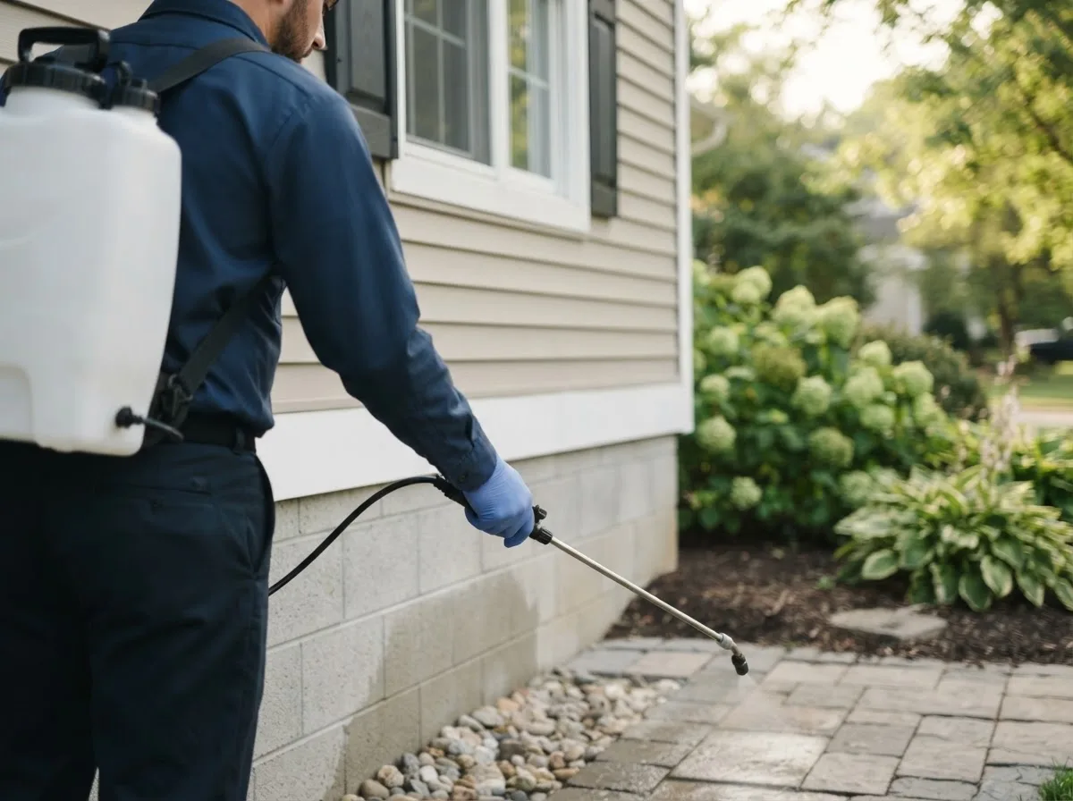 Pest control technician inspecting a home in Summitville, IN